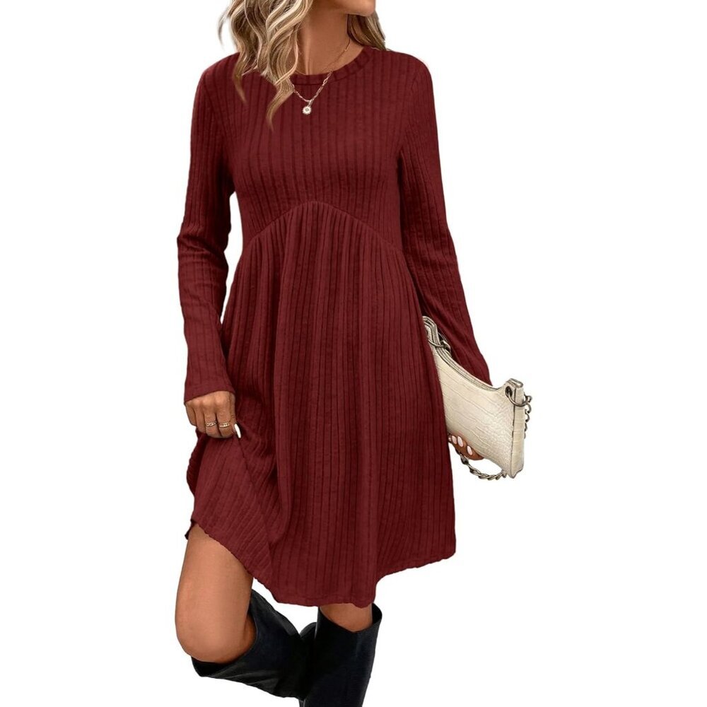 Ofeefan Women Wine Crew Neck Long Sleeve Empire Waist Dress with Pockets
